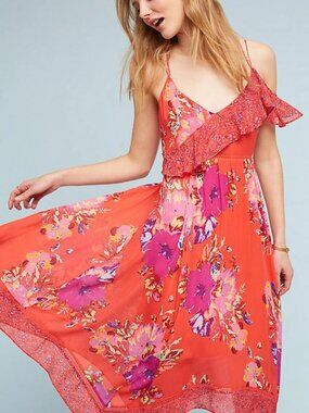Maeve Anthropologie Grecia Red Floral Ruffle Handkerchief Hem Midi Dress Sz 6P